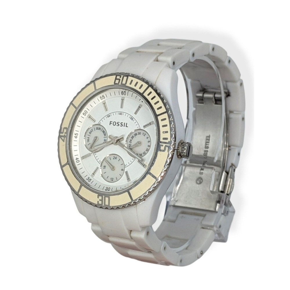 Fossil Stella Watch White Silver Ceramic Multifunction Crystal Bezel‎ Glow Dial